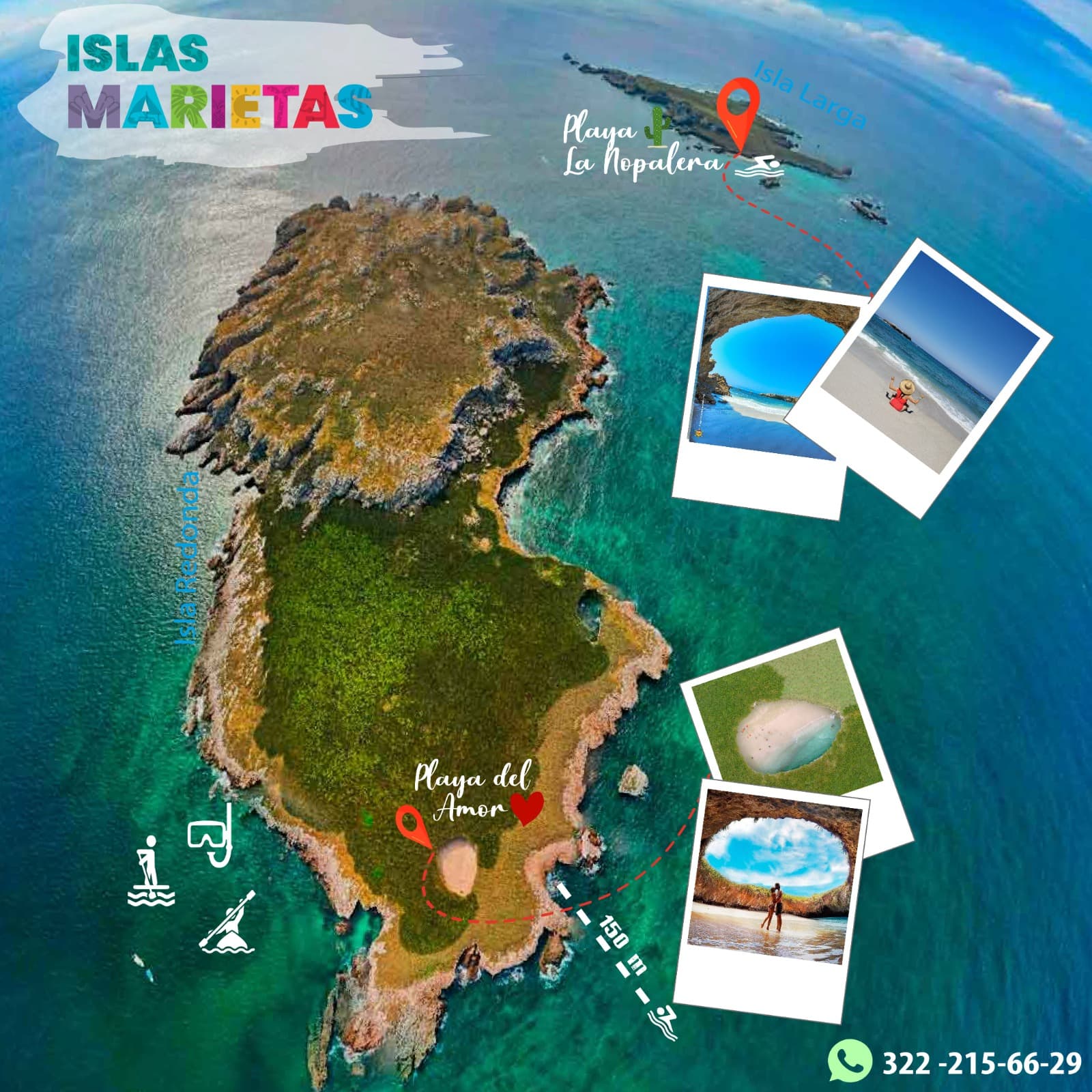 Mapa ilustrado de las Islas Marietas con la ubicación de la Playa del Amor en Isla Redonda y la Playa La Nopalera en Isla Larga